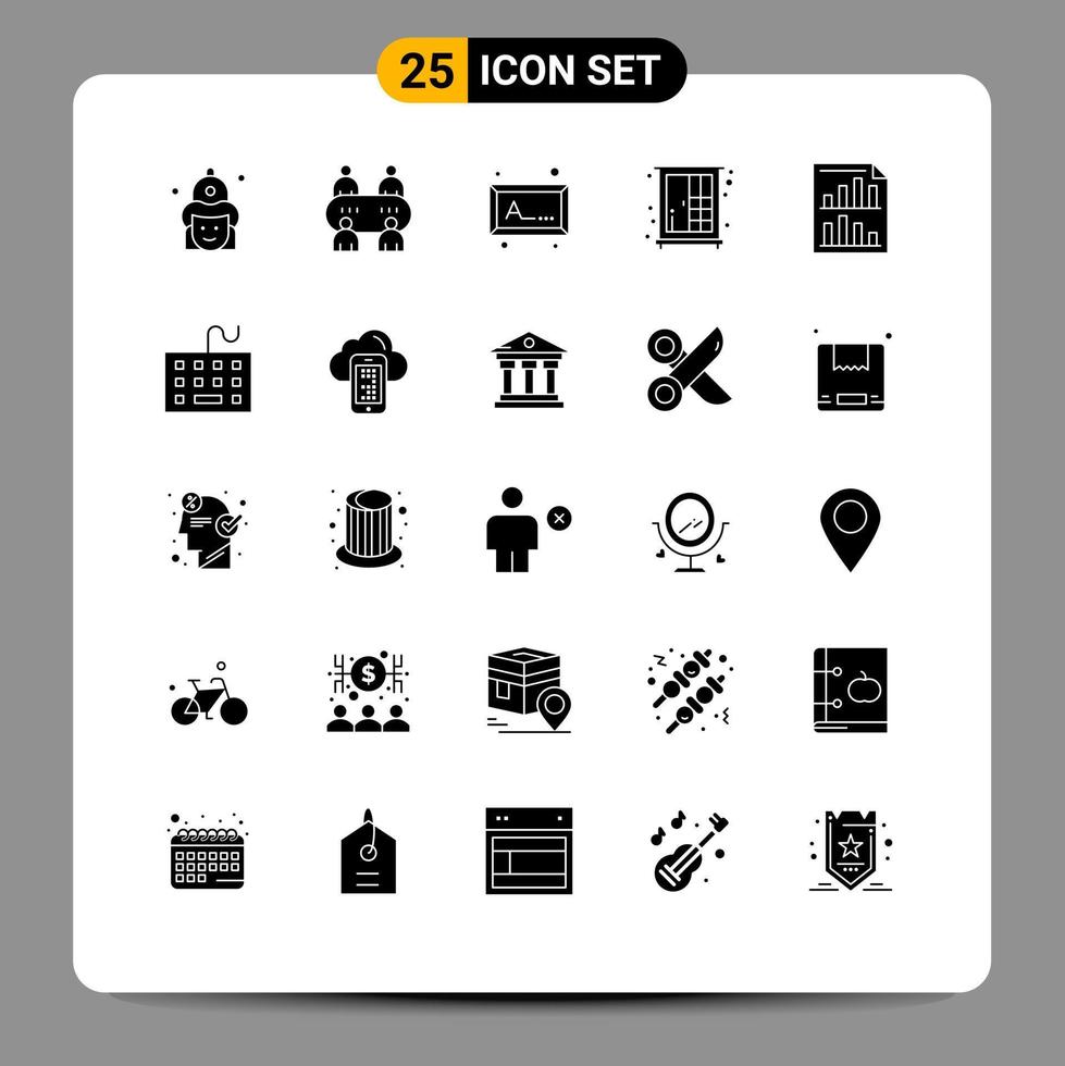 Mobile Interface Solid Glyph Set of 25 Pictograms of page bars frame wardrobe furniture Editable Vector Design Elements