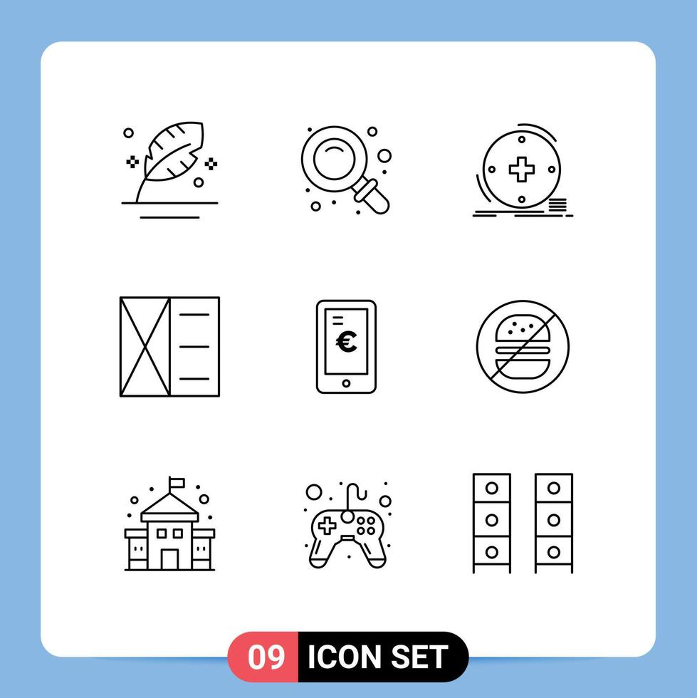 Pack of 9 Modern Outlines Signs and Symbols for Web Print Media such as wallet fashion find accessories healthcare Editable Vector Design Elements