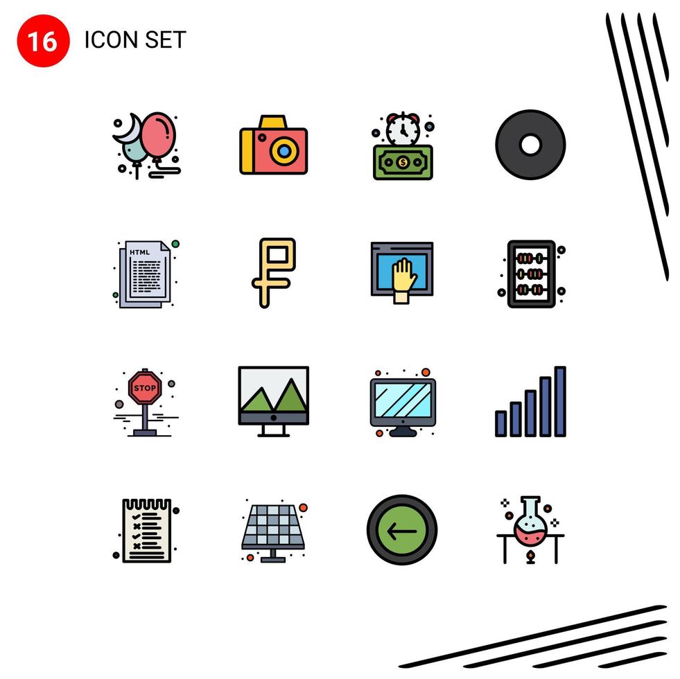 Pack of 16 Modern Flat Color Filled Lines Signs and Symbols for Web Print Media such as web html deadline design record Editable Creative Vector Design Elements