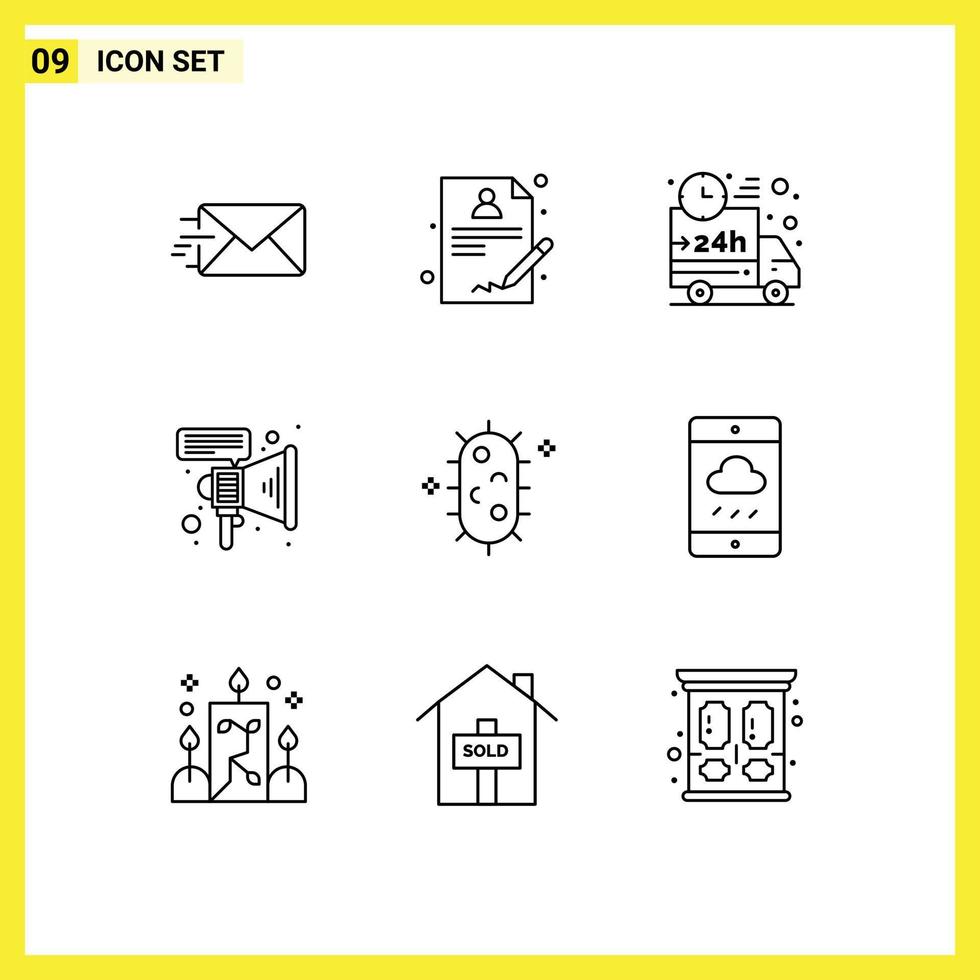 Set of 9 Modern UI Icons Symbols Signs for chemistry biochemistry truck bacteria megaphone Editable Vector Design Elements