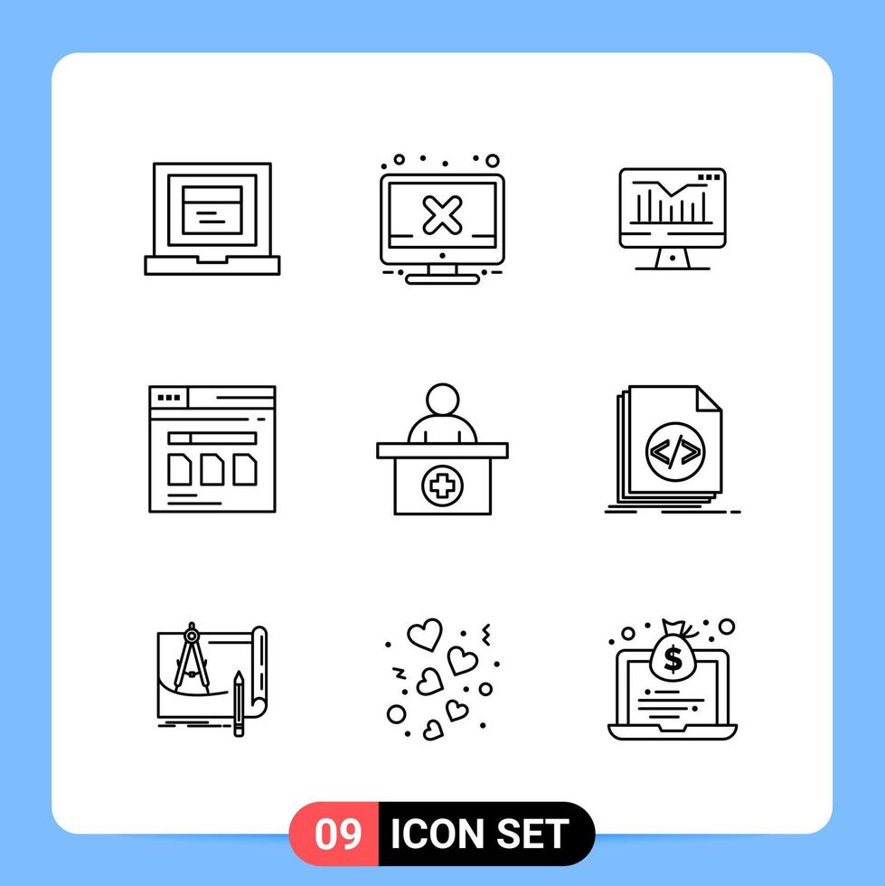 9 Line Black Icon Pack Outline Symbols for Mobile Apps isolated on white background 9 Icons Set vector