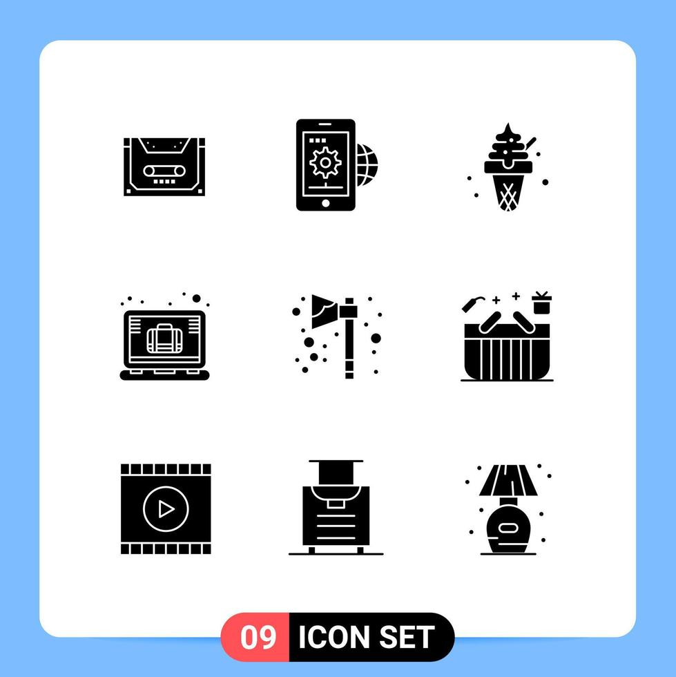 grupo universal de símbolos de iconos de 9 glifos sólidos modernos de elementos de diseño de vectores editables de helado breve de globo de caso de oficina