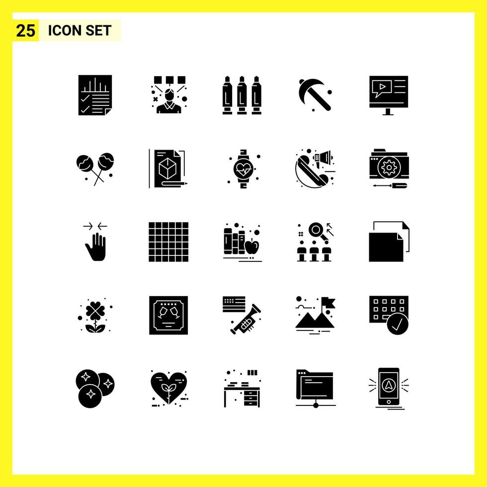 paquete de 25 signos y símbolos de glifos sólidos modernos para medios de impresión web, como elementos de diseño de vectores editables de armas de jardinería de diseñador de palas educativas