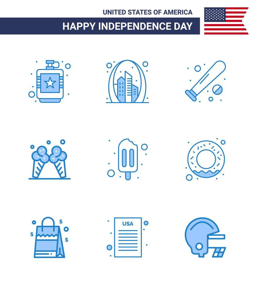 Happy Independence Day 9 Blues Icon Pack for Web and Print cream icecream landmark usa bat Editable USA Day Vector Design Elements