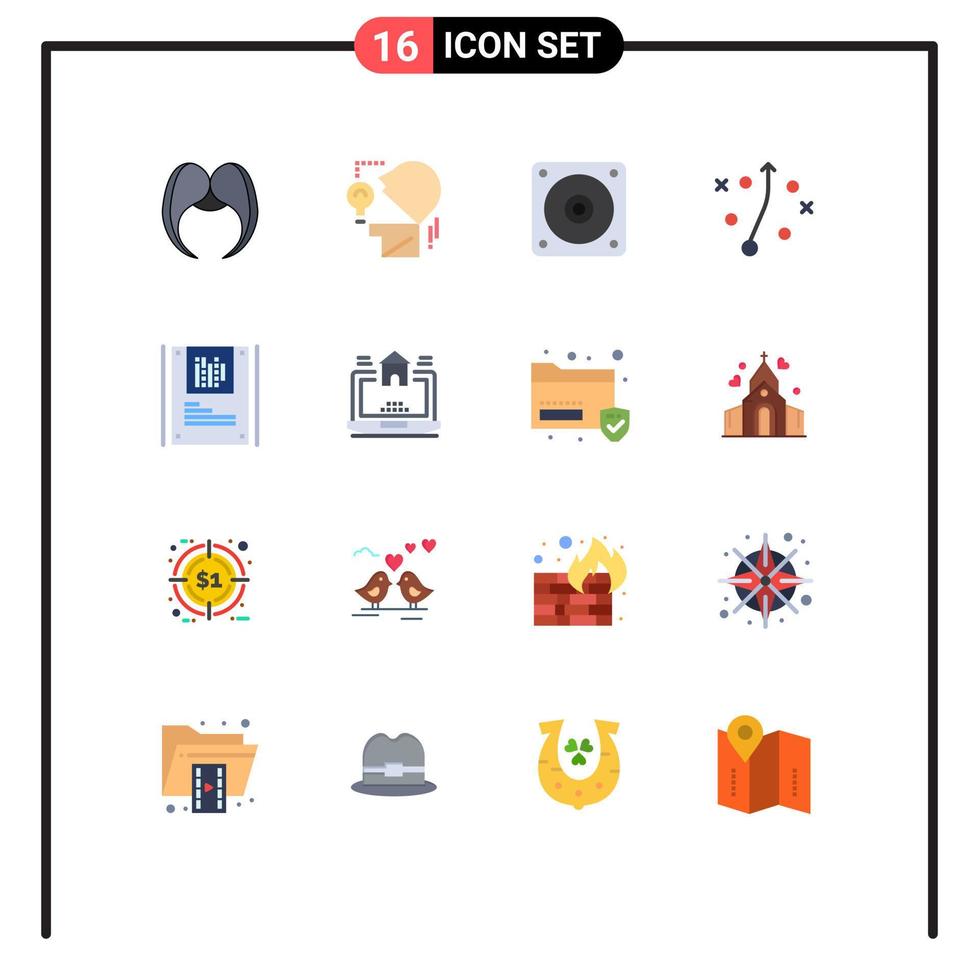 Pack of 16 Modern Flat Colors Signs and Symbols for Web Print Media such as data analysis bulb strategy management Editable Pack of Creative Vector Design Elements