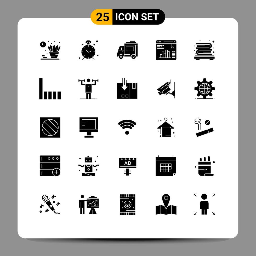 Group of 25 Modern Solid Glyphs Set for books web stats bus graph chart Editable Vector Design Elements