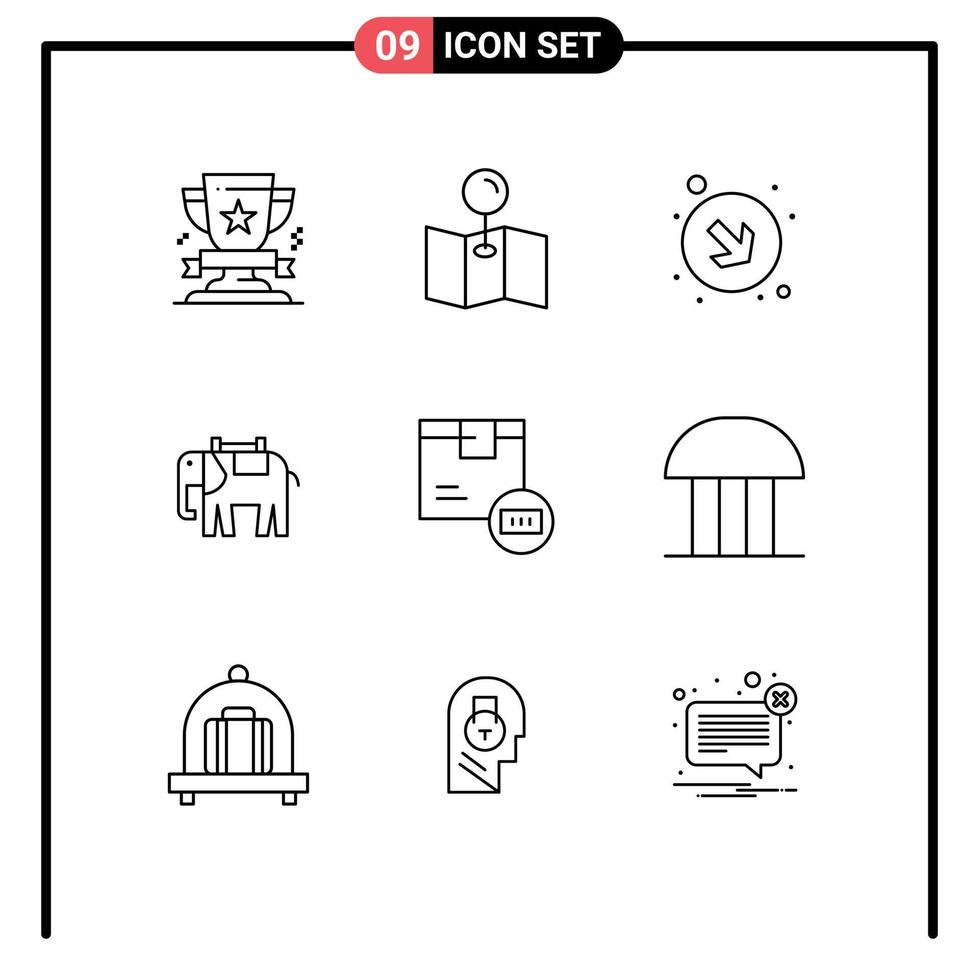 conjunto de 9 iconos de interfaz de usuario modernos signos de símbolos para el código de envío abajo elementos de diseño vectorial editables de elefante de código de barras vector