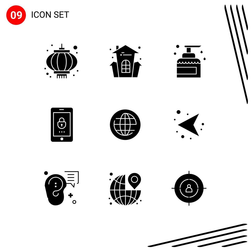 9 Universal Solid Glyphs Set for Web and Mobile Applications earth mobile cleaning lock spray Editable Vector Design Elements