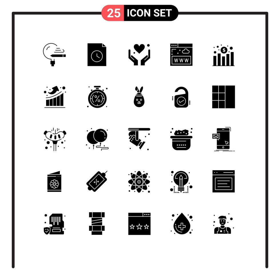 Group of 25 Solid Glyphs Signs and Symbols for increase www hand website communications Editable Vector Design Elements