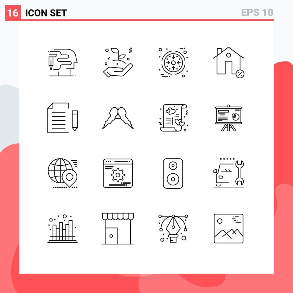 16 Universal Outlines Set for Web and Mobile Applications document percentage management house discount Editable Vector Design Elements