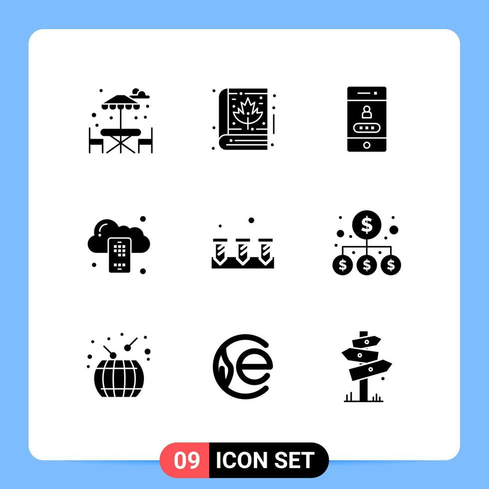 9 Universal Solid Glyph Signs Symbols of equipment screw lock server cloud Editable Vector Design Elements