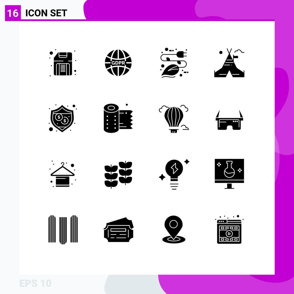 Mobile Interface Solid Glyph Set of 16 Pictograms of protection camp electricity tent eco Editable Vector Design Elements
