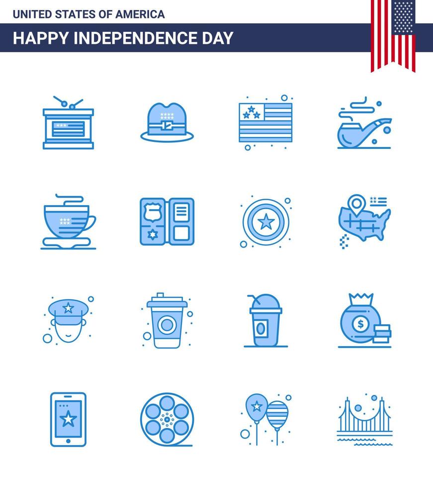 Group of 16 Blues Set for Independence day of United States of America such as shield coffee flag cup st Editable USA Day Vector Design Elements