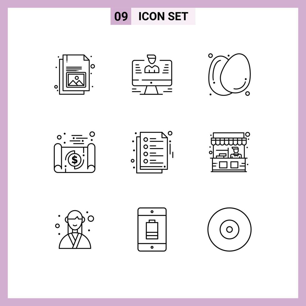 9 Thematic Vector Outlines and Editable Symbols of travel economy profile document healthy food Editable Vector Design Elements