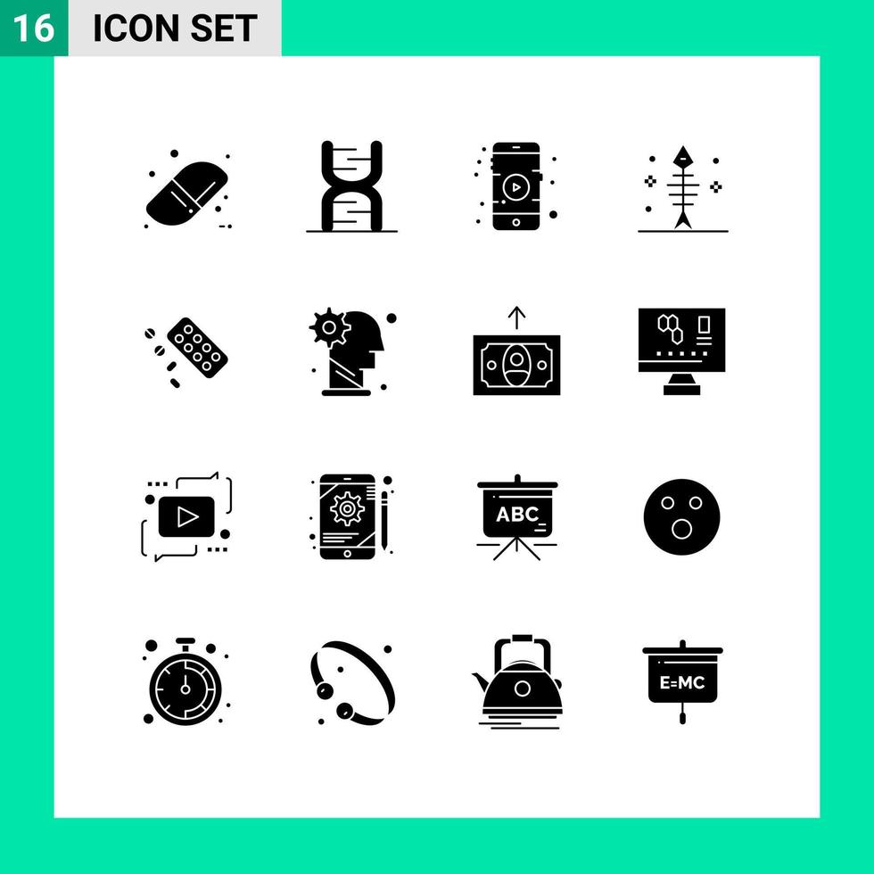 Set of 16 Modern UI Icons Symbols Signs for tablet medicine mobile seafood fish Editable Vector Design Elements