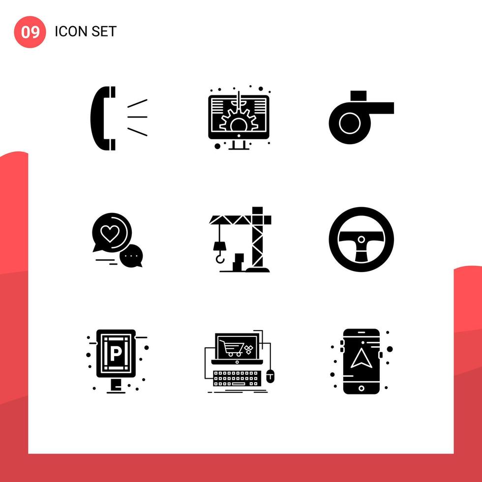 Solid Glyph Pack of 9 Universal Symbols of crane architecture sport couple chat sms Editable Vector Design Elements