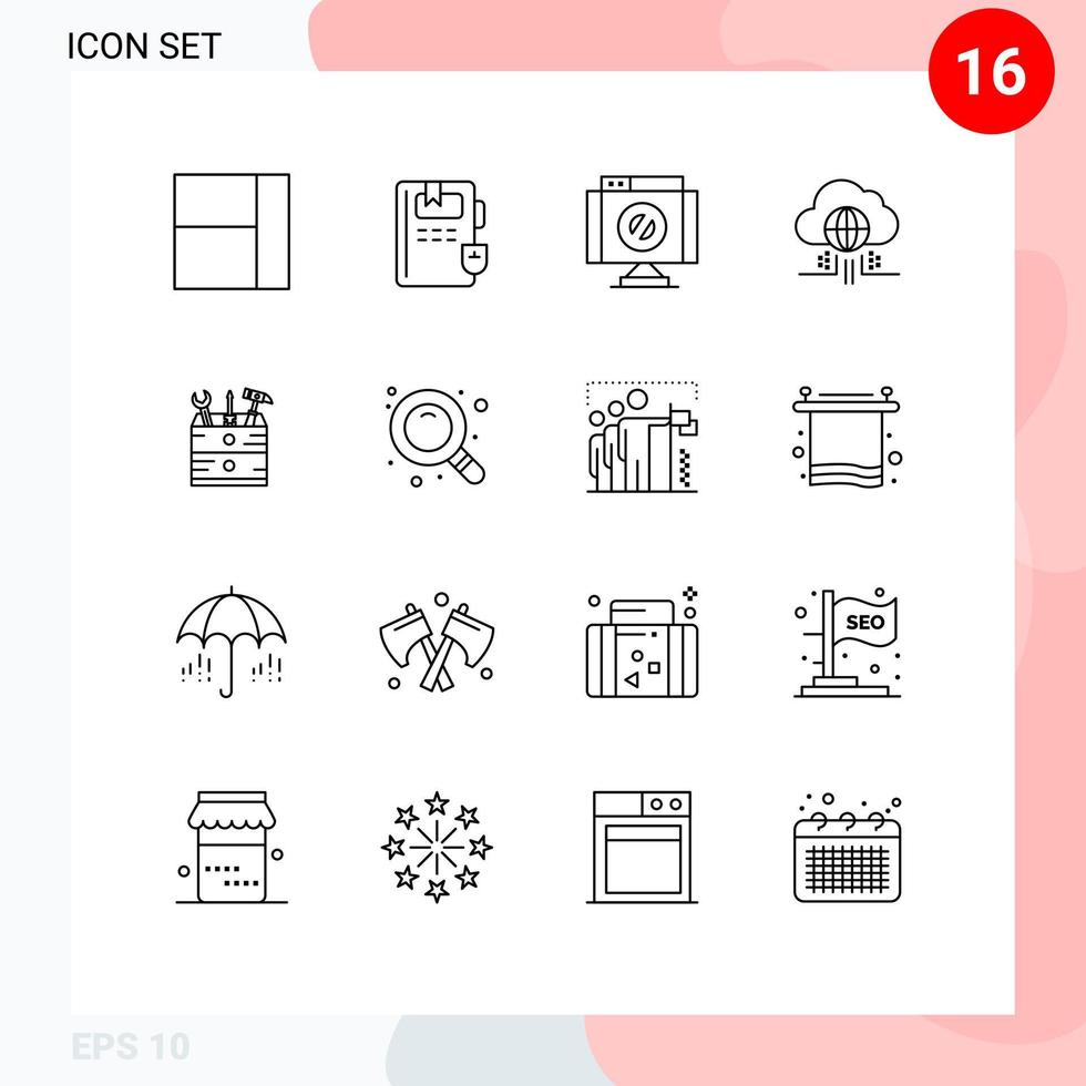 Pack of 16 creative Outlines of search carpenter stop box technology Editable Vector Design Elements