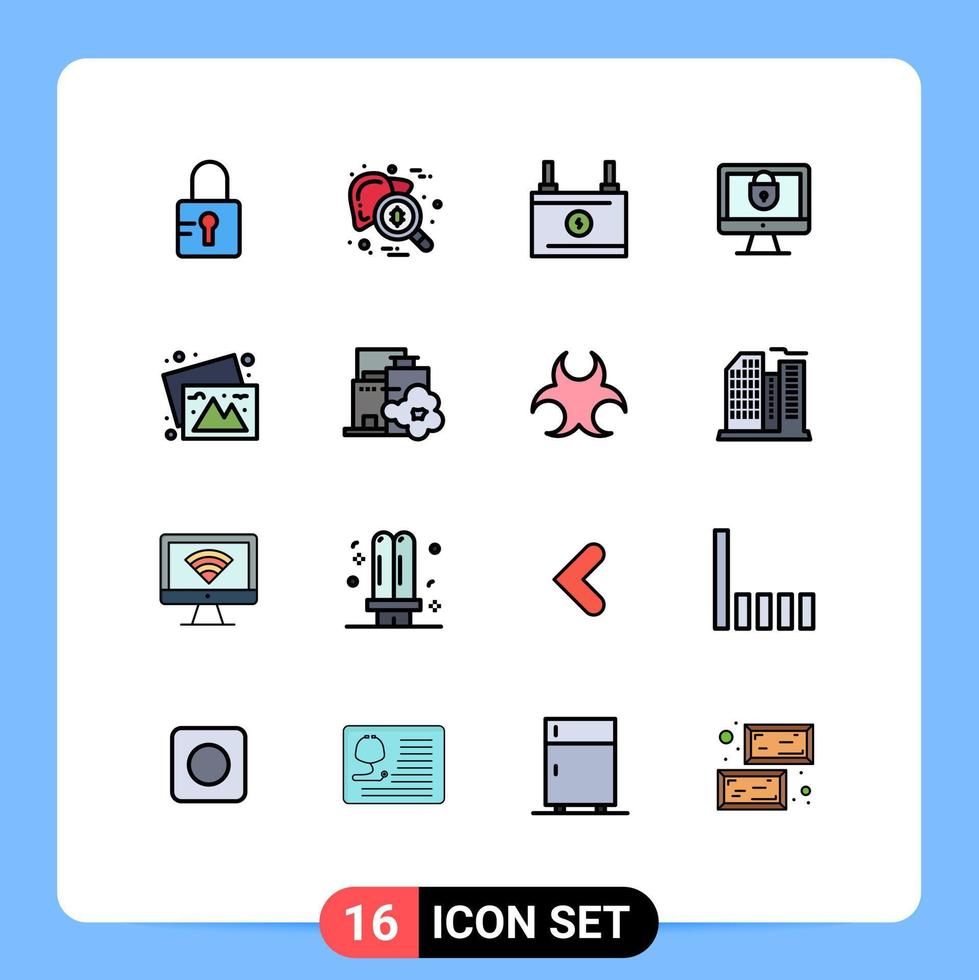 16 Flat Color Filled Line concept for Websites Mobile and Apps photos security accumulator lock computer Editable Creative Vector Design Elements