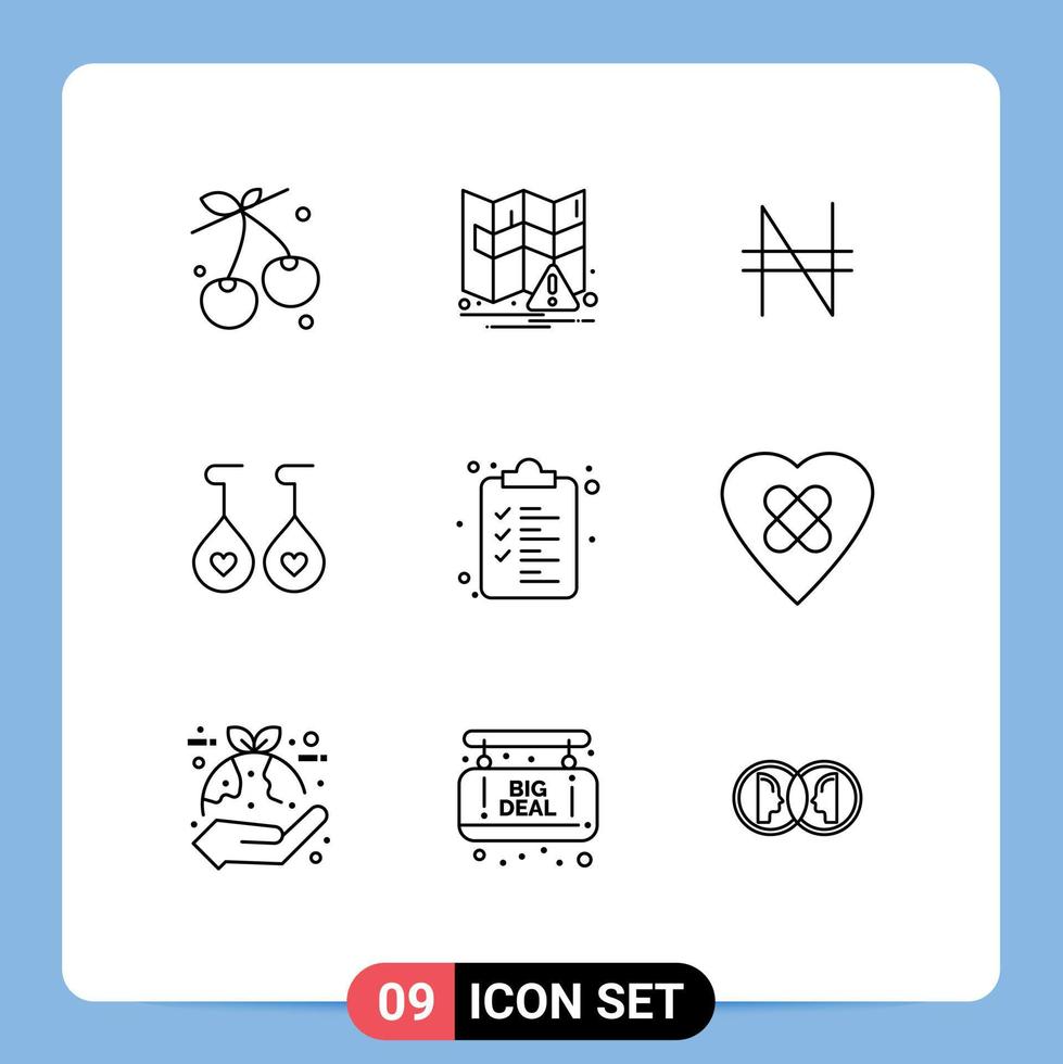 9 User Interface Outline Pack of modern Signs and Symbols of heart clipboard naira list heart Editable Vector Design Elements