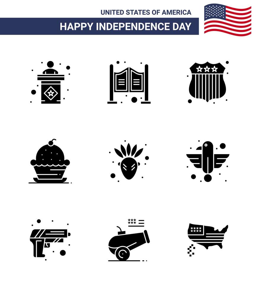 9 signos de glifo sólido para el día de la independencia de estados unidos insignia de acción de gracias de los nativos americanos postre dulce elementos de diseño vectorial del día de estados unidos editables vector