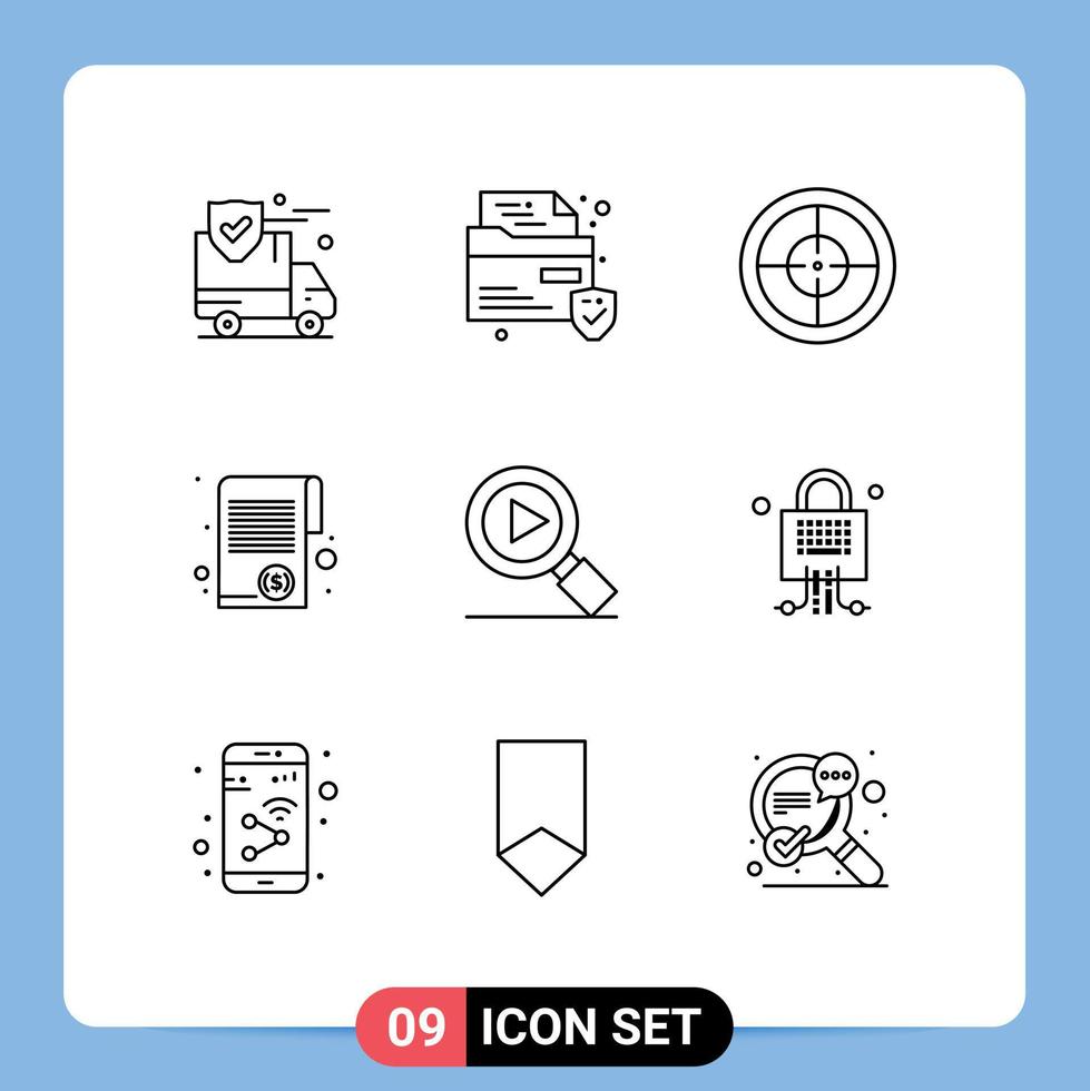 símbolos de iconos universales grupo de 9 esquemas modernos de insignia de investigación de video impuestos dinero elementos de diseño de vectores editables