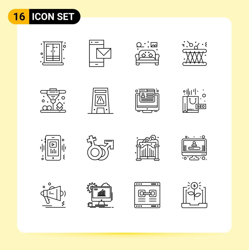 paquete de 16 signos y símbolos de contornos modernos para medios de impresión web, como elementos de diseño de vectores editables en casa de sofá de teléfono de batería multimedia