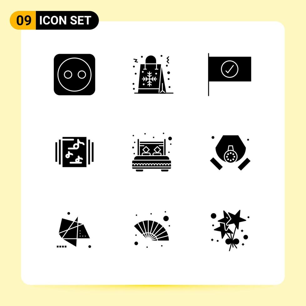 Set of 9 Commercial Solid Glyphs pack for rest bedroom checked bed library Editable Vector Design Elements