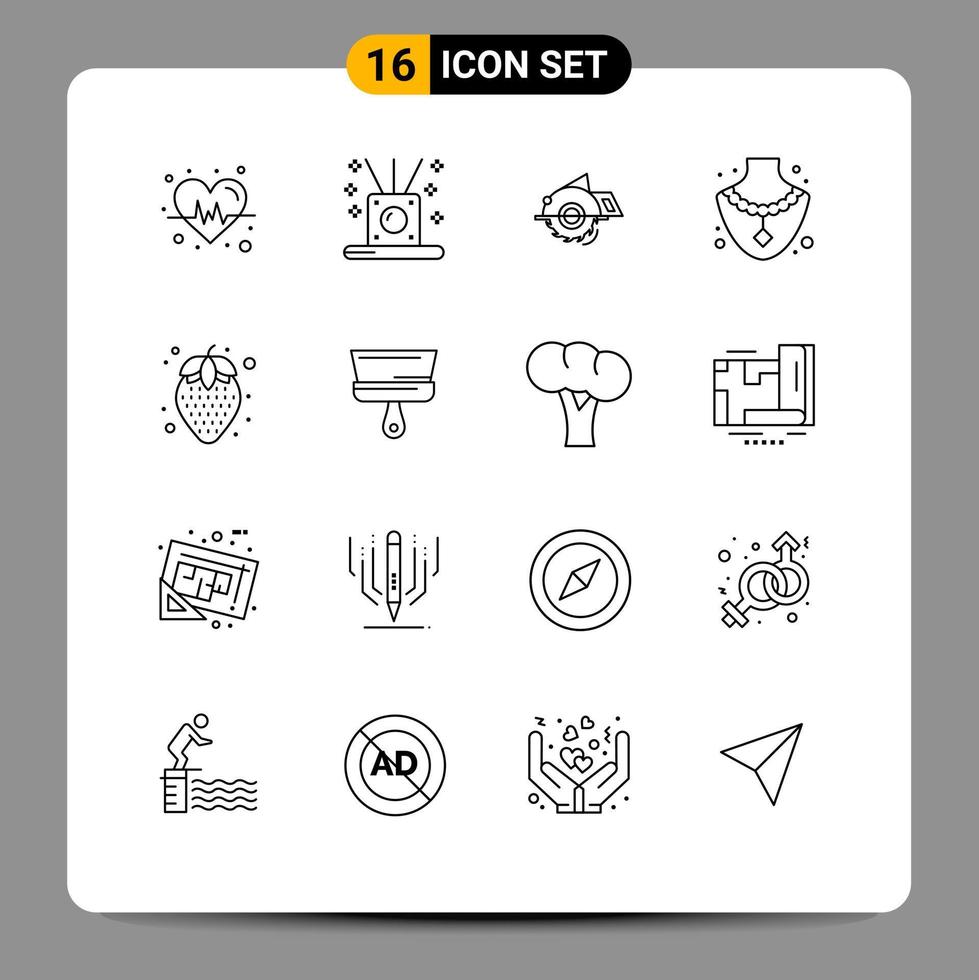 paquete de 16 signos y símbolos de contornos modernos para medios de impresión web, como la dieta de la piña, la construcción de alimentos, la joyería, los elementos de diseño de vectores editables de diamantes