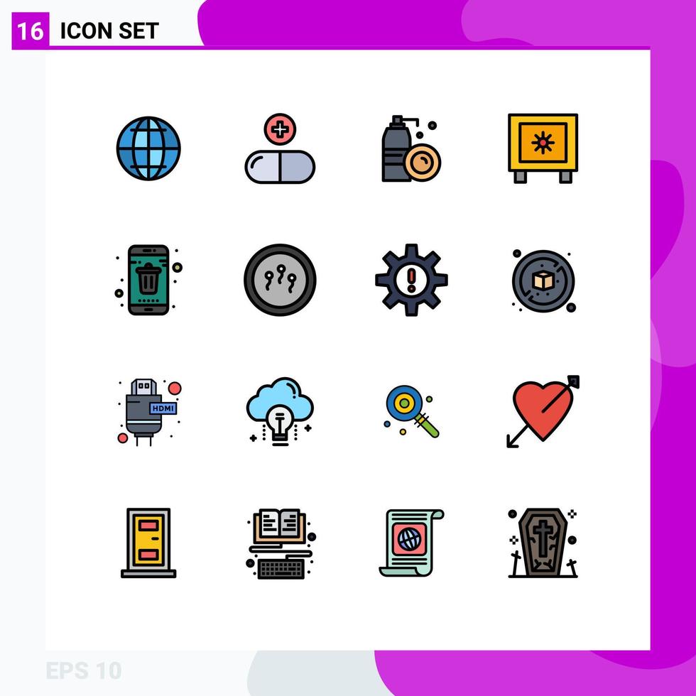 Modern Set of 16 Flat Color Filled Lines Pictograph of delete app bottle logistic lock Editable Creative Vector Design Elements