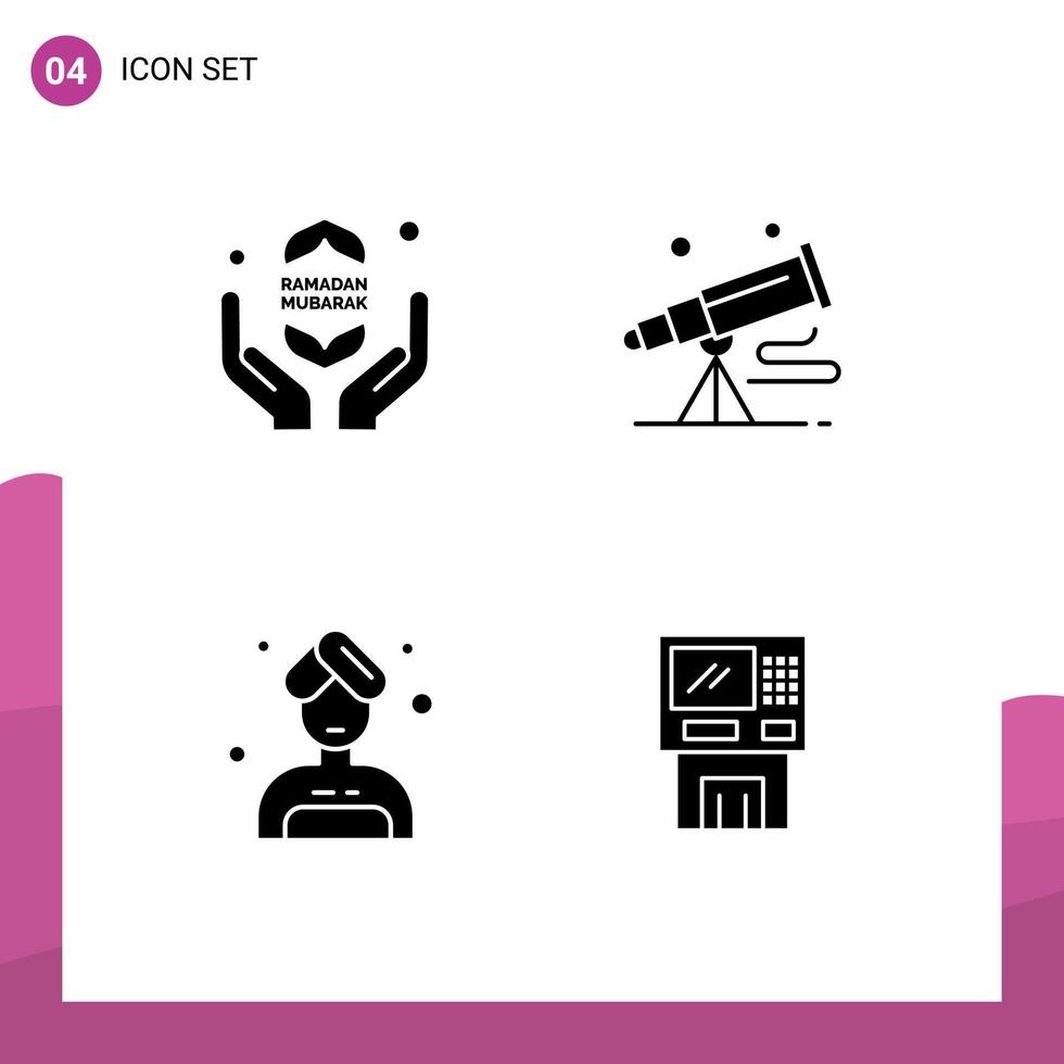 Set of 4 Vector Solid Glyphs on Grid for pray woman islam telescope sauna Editable Vector Design Elements
