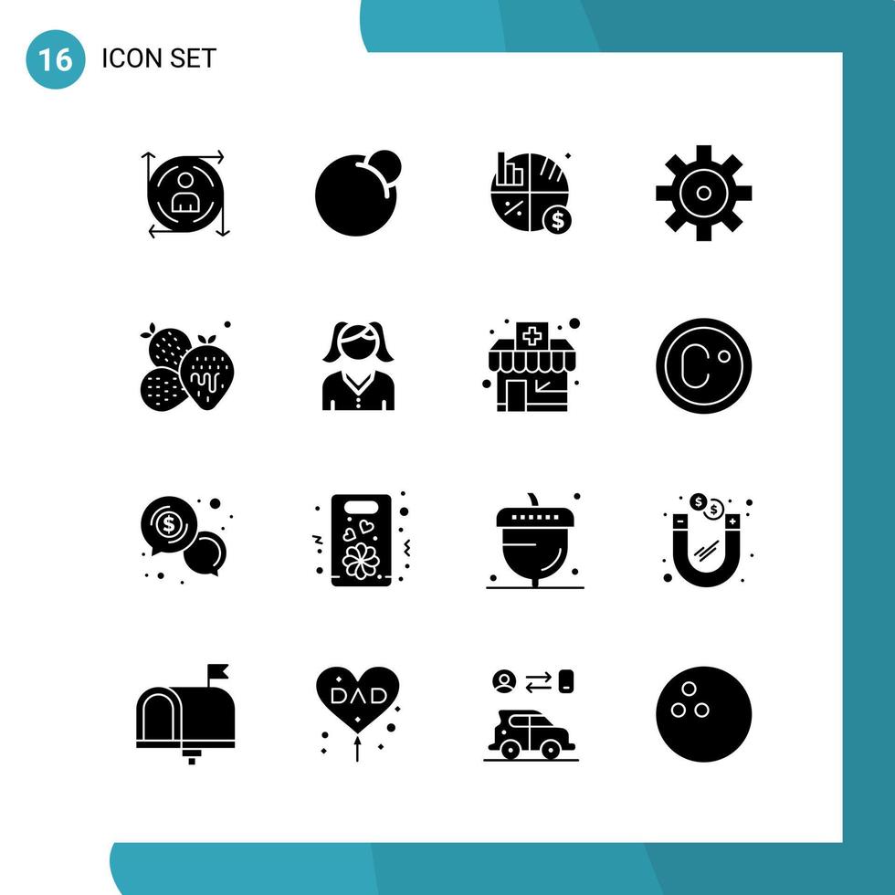 Vector Pack of 16 Glyph Symbols Solid Style Icon Set on White Background for Web and Mobile