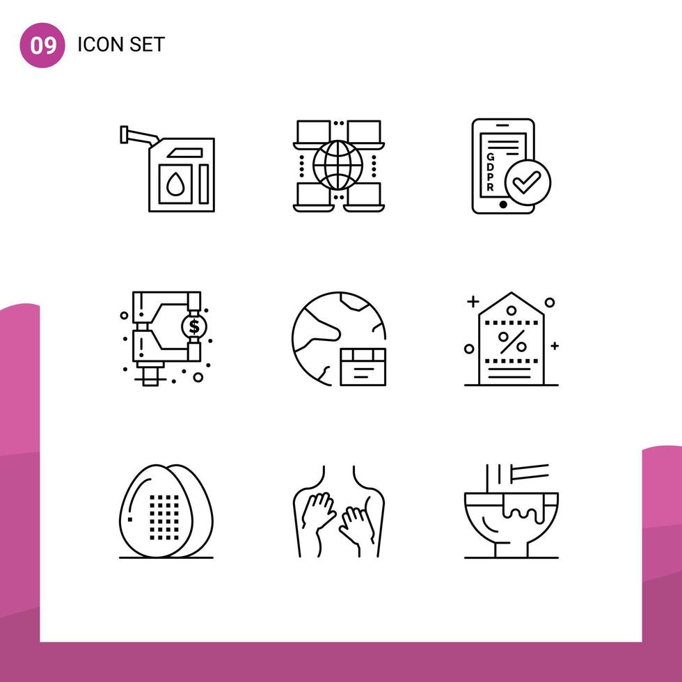 Group of 9 Modern Outlines Set for database tax mobile regulation funds Editable Vector Design Elements