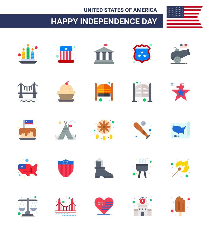 25 iconos creativos de estados unidos, signos de independencia modernos y símbolos del 4 de julio de obús, bandera de arma grande, seguridad policial, elementos de diseño vectorial editables del día de estados unidos vector