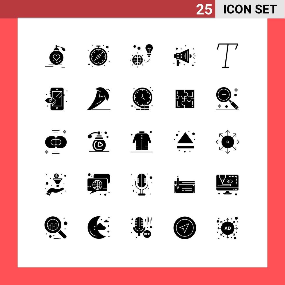 25 User Interface Solid Glyph Pack of modern Signs and Symbols of speaker announce timer earth light Editable Vector Design Elements