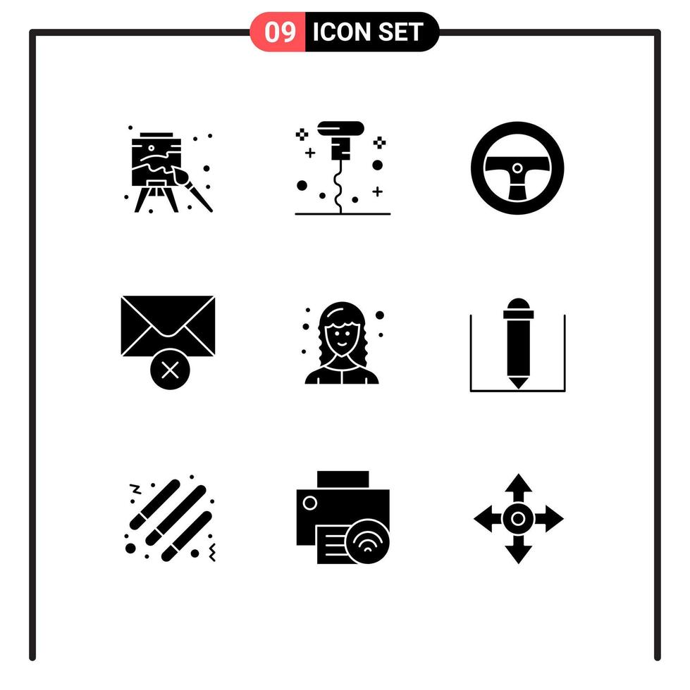Group of 9 Solid Glyphs Signs and Symbols for web developer female steering developer mail Editable Vector Design Elements