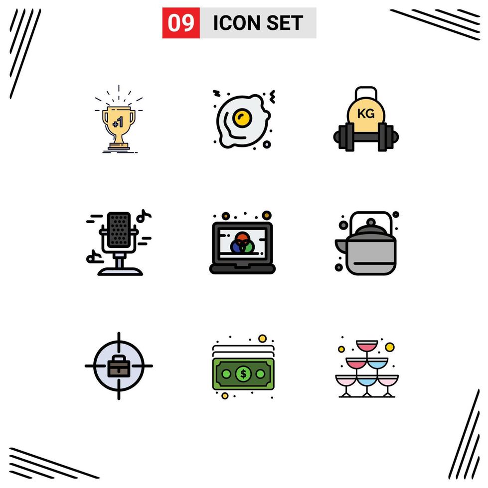 Filledline Flat Color Pack of 9 Universal Symbols of color music barbell microphone weight Editable Vector Design Elements