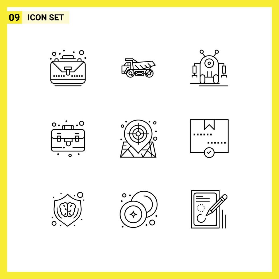 Universal Icon Symbols Group of 9 Modern Outlines of target map human case bag Editable Vector Design Elements