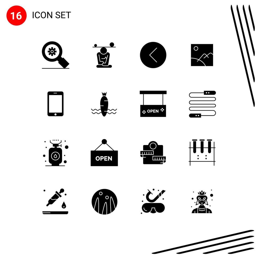 Group of 16 Solid Glyphs Signs and Symbols for sun gallery mindfulness image multimedia Editable Vector Design Elements