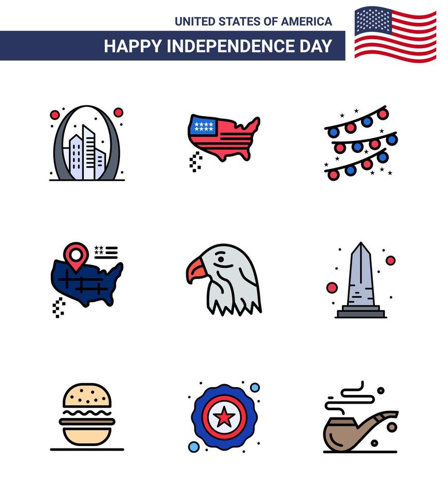 9 signos de línea plana llena para el día de la independencia de EE. UU. Águila animal EE. UU. Ubicación estadounidense Elementos de diseño de vector editables del día de EE. UU.