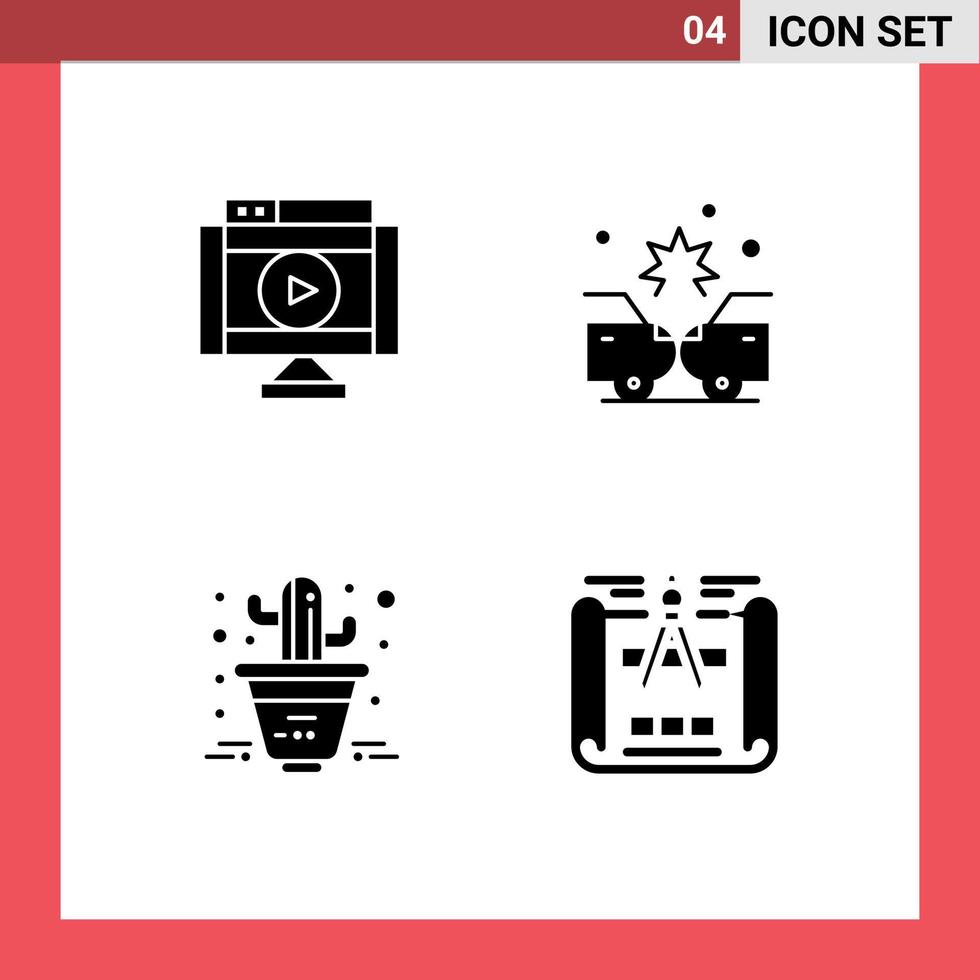 4 Thematic Vector Solid Glyphs and Editable Symbols of internet cactus player crash plant Editable Vector Design Elements