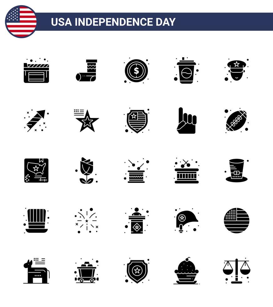 paquete de iconos de vector de stock del día americano 25 signos y símbolos de glifo sólido para policía hombre dinero soda cola elementos de diseño de vector de día de estados unidos editables