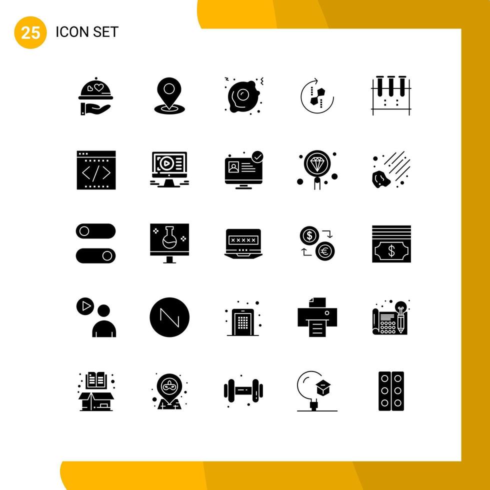 Modern Set of 25 Solid Glyphs Pictograph of erlenmeyer flask joint fried egg puzzle repeat Editable Vector Design Elements