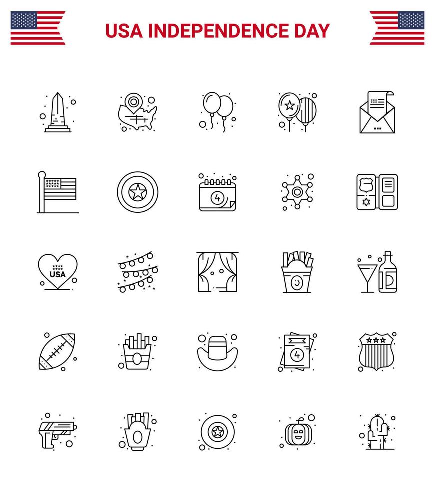 4th July USA Happy Independence Day Icon Symbols Group of 25 Modern Lines of invitation envelope wisconsin email day Editable USA Day Vector Design Elements
