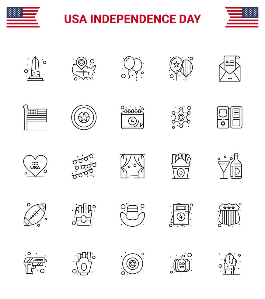 4th July USA Happy Independence Day Icon Symbols Group of 25 Modern Lines of invitation envelope wisconsin email day Editable USA Day Vector Design Elements