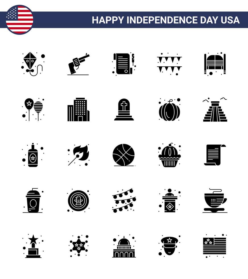 feliz día de la independencia 25 paquete de iconos de glifos sólidos para web e impresión entrada salón recibo puertas papel editable usa día vector diseño elementos