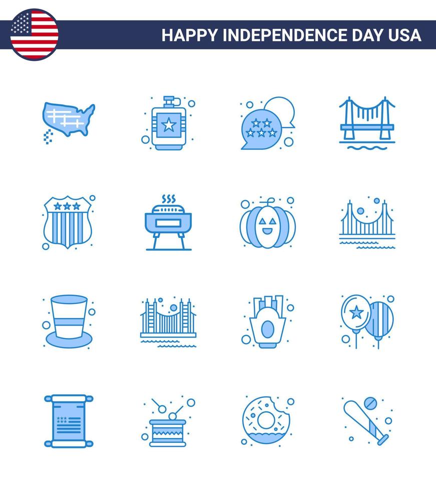 Group of 16 Blues Set for Independence day of United States of America such as badge city liquid building chat bubble Editable USA Day Vector Design Elements