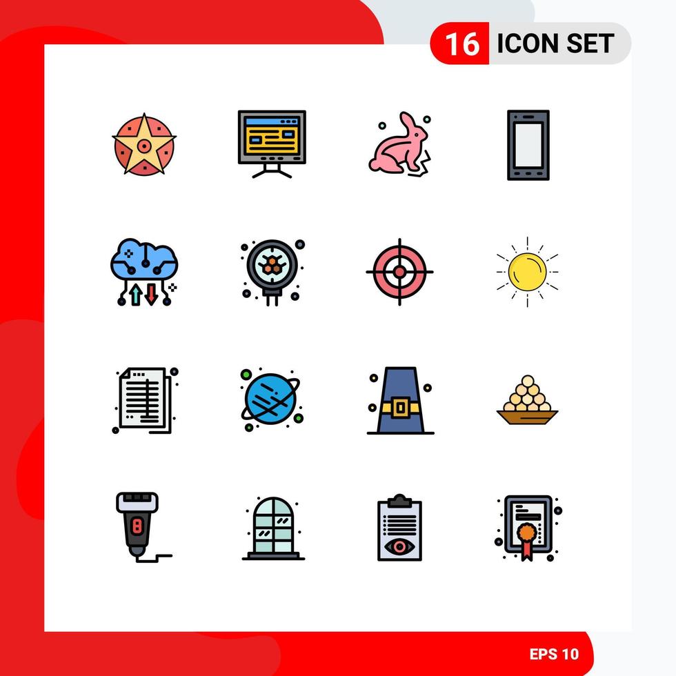 Group of 16 Modern Flat Color Filled Lines Set for cloud computing tablet bunny phone devices Editable Creative Vector Design Elements