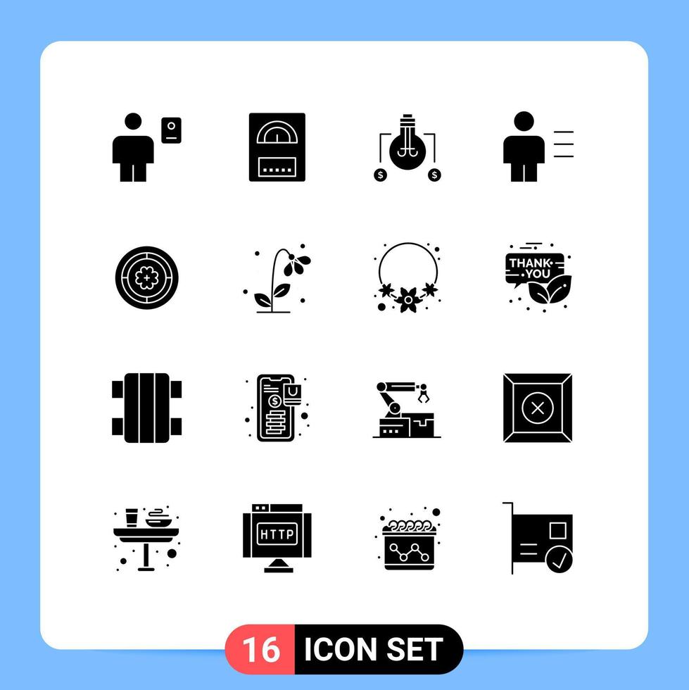 Mobile Interface Solid Glyph Set of 16 Pictograms of flower details bulb body analytics Editable Vector Design Elements