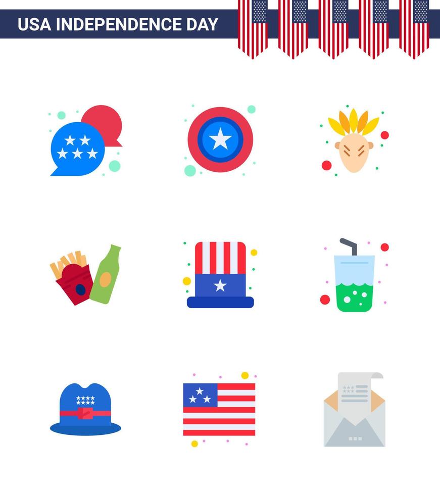 9 USA Flat Signs Independence Day Celebration Symbols of usa cap american american frise Editable USA Day Vector Design Elements