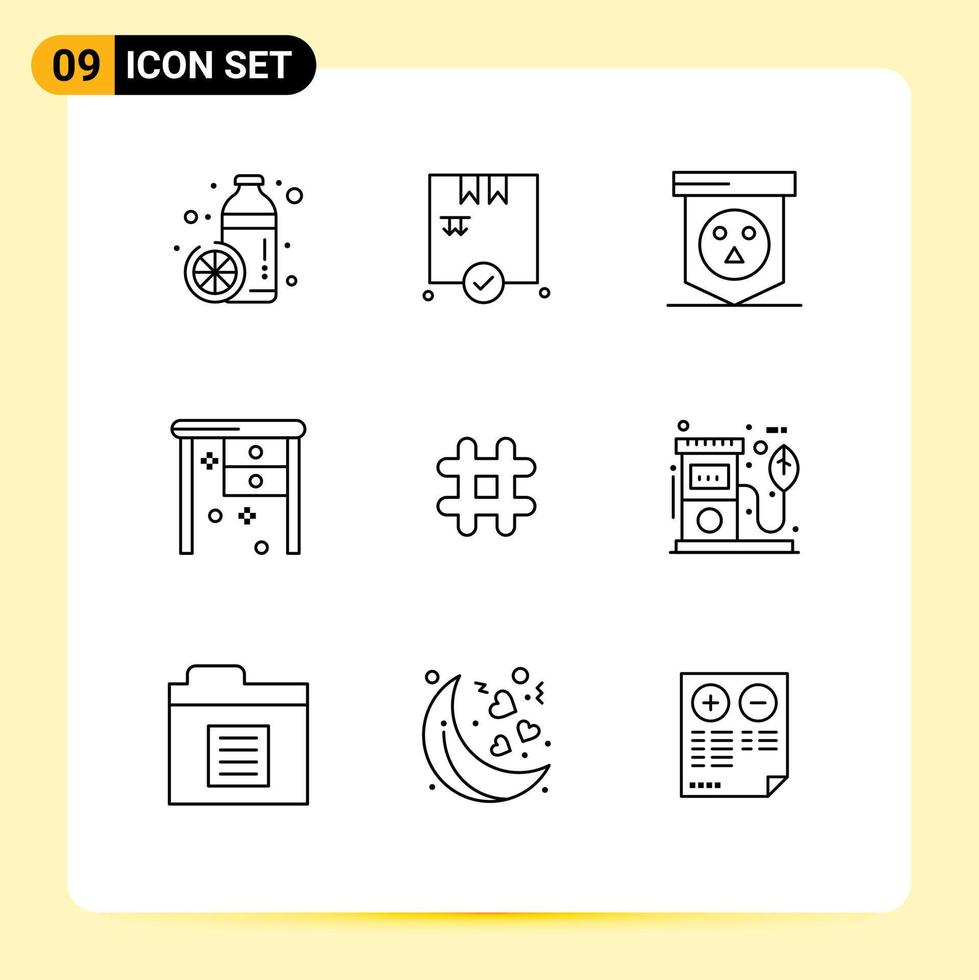 Set of 9 Modern UI Icons Symbols Signs for hash tag working desk board office desk desk Editable Vector Design Elements
